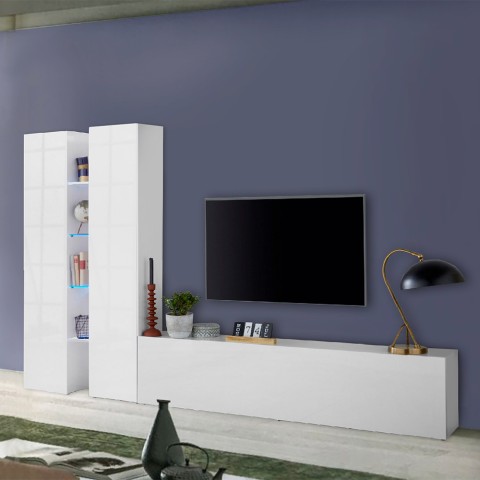 Witte wandkast lage TV-meubel 4 planken 2 kasten Sage WH Aanbieding