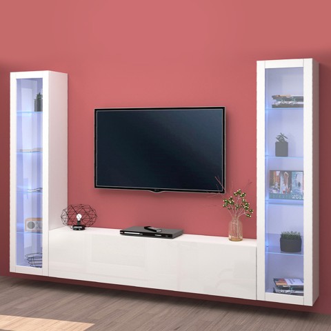 Witte zwevende wandmeubel woonkamer TV-kast 2 vitrinekasten Liv WH Aanbieding