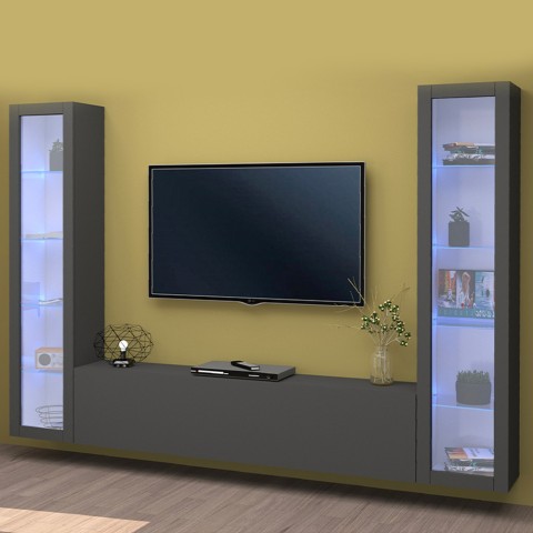 Zwevend TV-meubel wandunit met modern design zwart met 2 vitrines Liv RT Aanbieding