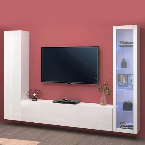 Witte woonwand met zwevende tv-kast, vitrinekast en kledingkast Peris WH Aanbieding