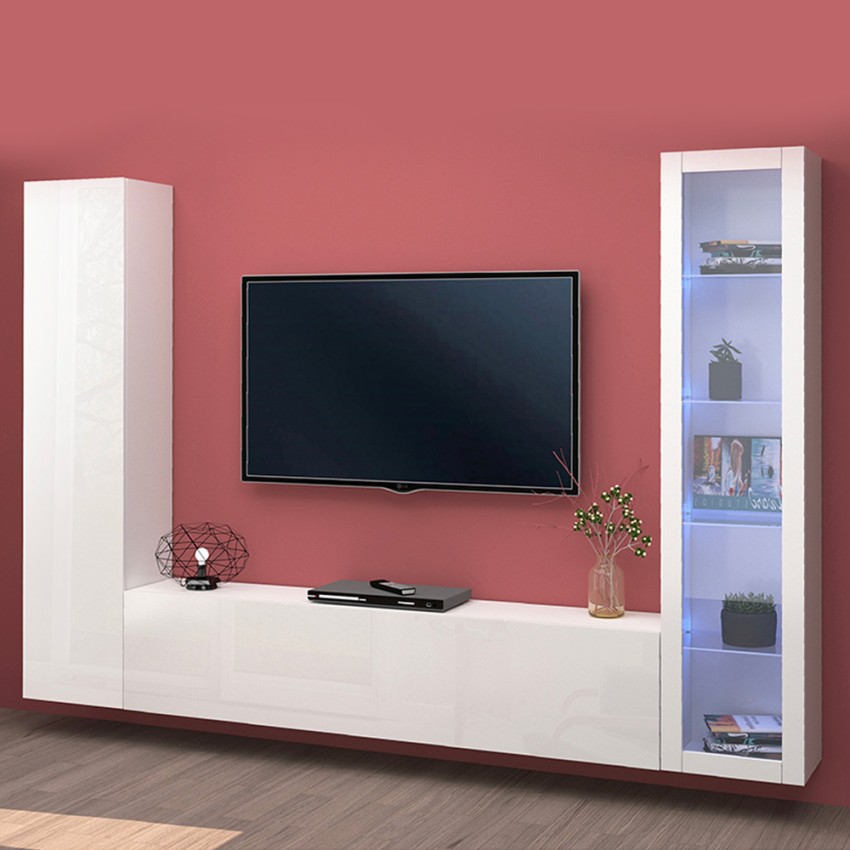Witte woonwand met zwevende tv-kast, vitrinekast en kledingkast Peris WH Aanbieding Witte woonwand met zwevende tv-kast, vitrinekast en kledingkast Peris WH Aanbieding