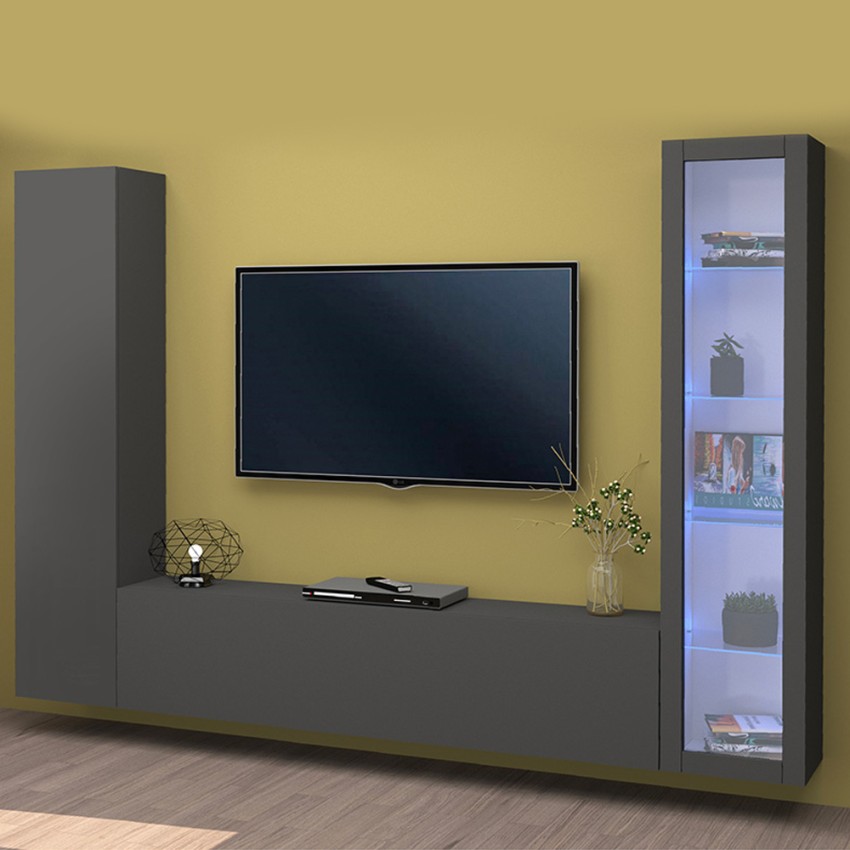 Moderne wandmeubelset met zwevend TV-meubel, vitrinekast en kast Peris RT Aanbieding Moderne wandmeubelset met zwevend TV-meubel, vitrinekast en kast Peris RT Aanbieding