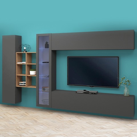 Moderne woonwand boekenkast zwevende TV-kast vitrinekast Loane RT Aanbieding