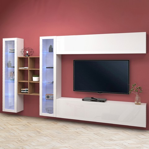 Wandmeubel set wit hangend tv-meubel boekenkast 2 vitrines Kary WH Aanbieding
