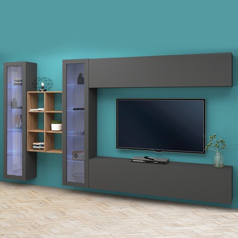 Zwevende wandmeubel TV-kast met 2 vitrinekasten en boekenkast hout Kary RT Aanbieding