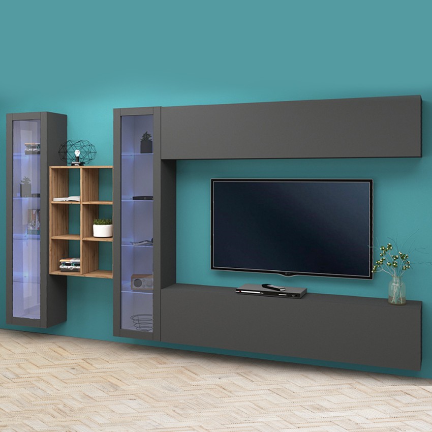Zwevende wandmeubel TV-kast met 2 vitrinekasten en boekenkast hout Kary RT Aanbieding
