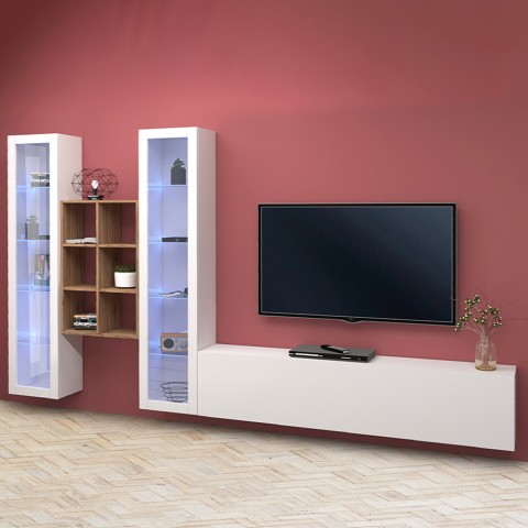 Wandmeubel TV wit zwevend met 2 vitrines boekenkast Yves WH Aanbieding