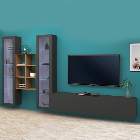 Moderne zwevende wandmeubel TV-kast boekenplank hout met 2 vitrinekasten Yves RT Aanbieding
