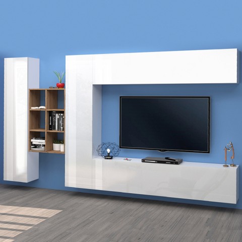 Wandmeubel wit zwevend TV-meubel met 2 kasten en boekenkast Sid WH Aanbieding