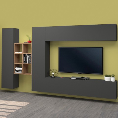 Grijze zwevende wandkast met tv-meubel, boekenkast en 2 kasten Sid RT Aanbieding