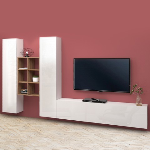 Zwevende witte TV-wandmeubel met boekenkast en 2 kasten Manny WH Aanbieding