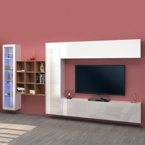 Wandmeubel TV-kast hangend wit boekenkast vitrine Femir WH Aanbieding