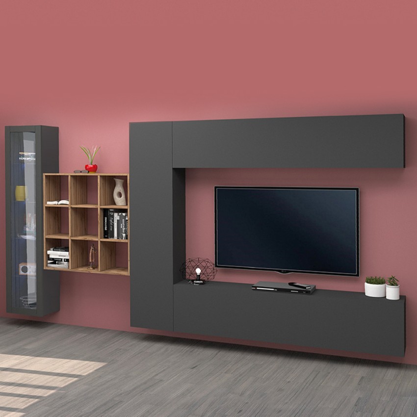Moderne zwevende tv-wand met vitrine en boekenkast Femir RT Aanbieding Moderne zwevende tv-wand met vitrine en boekenkast Femir RT Aanbieding