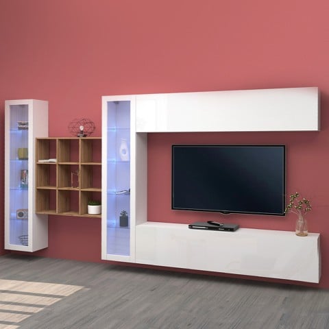 Wandmeubel TV hangend wit met 2 vitrinekasten en 9 boekenplanken Eron WH Aanbieding