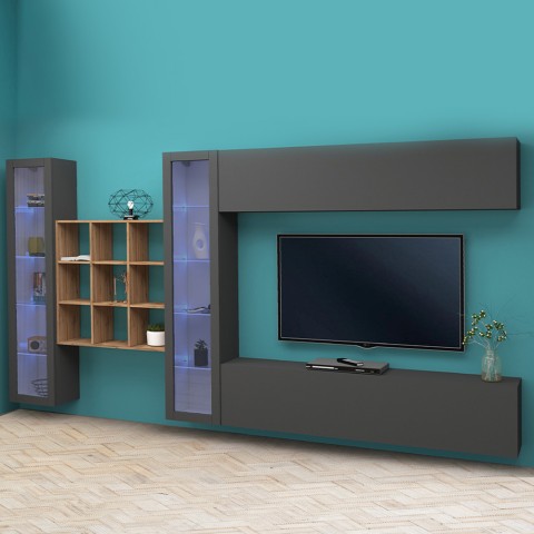 Moderne wandmeubel TV Meubel zwevend met boekenkast en 2 vitrines Eron RT Aanbieding