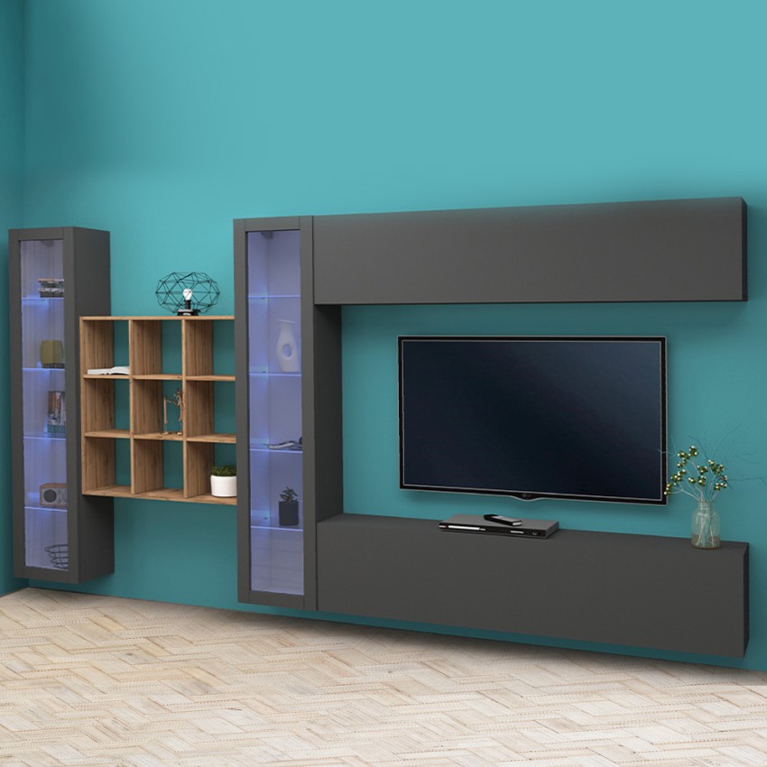 Moderne wandmeubel TV Meubel zwevend met boekenkast en 2 vitrines Eron RT Aanbieding Moderne wandmeubel TV Meubel zwevend met boekenkast en 2 vitrines Eron RT Aanbieding