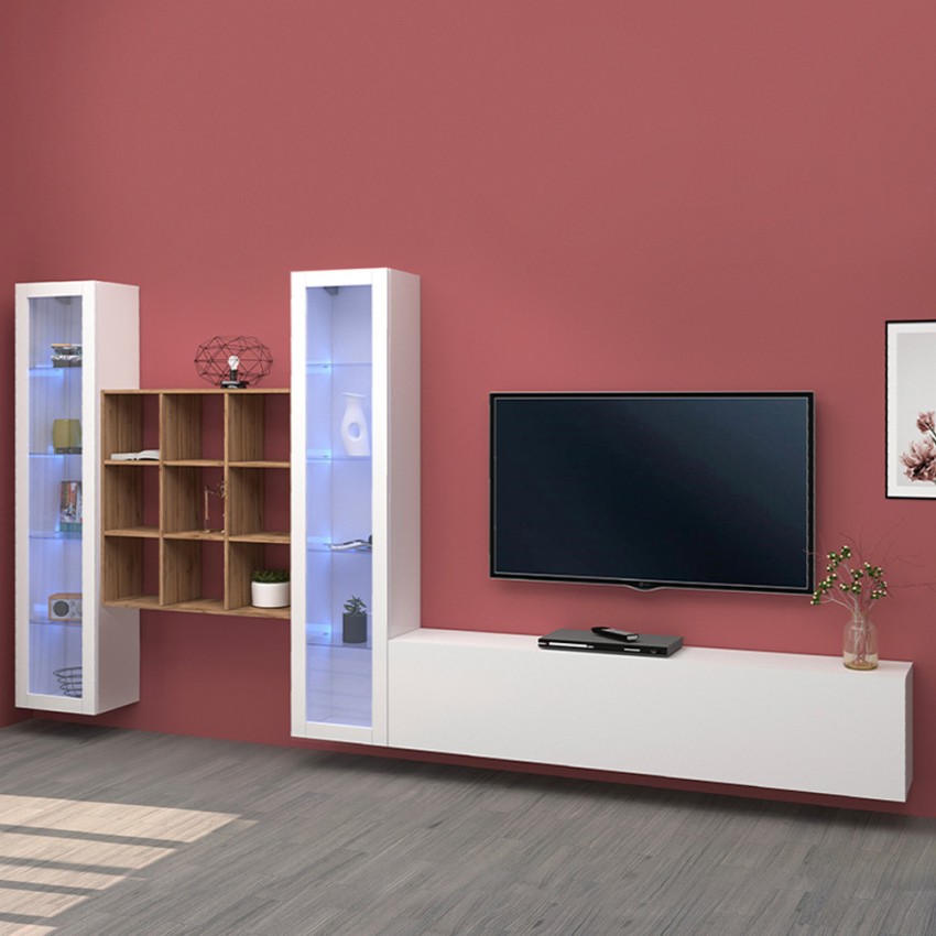 Witte wandmeubel TV kast boekenkast hout 2 vitrines Onir WH Aanbieding Witte wandmeubel TV kast boekenkast hout 2 vitrines Onir WH Aanbieding