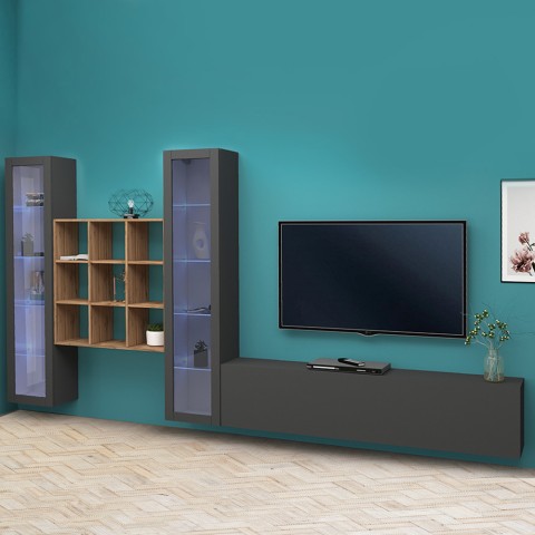 TV-wandmeubel voor woonkamer, grijs hout met 2 vitrinekasten en boekenplanken Onir RT Aanbieding