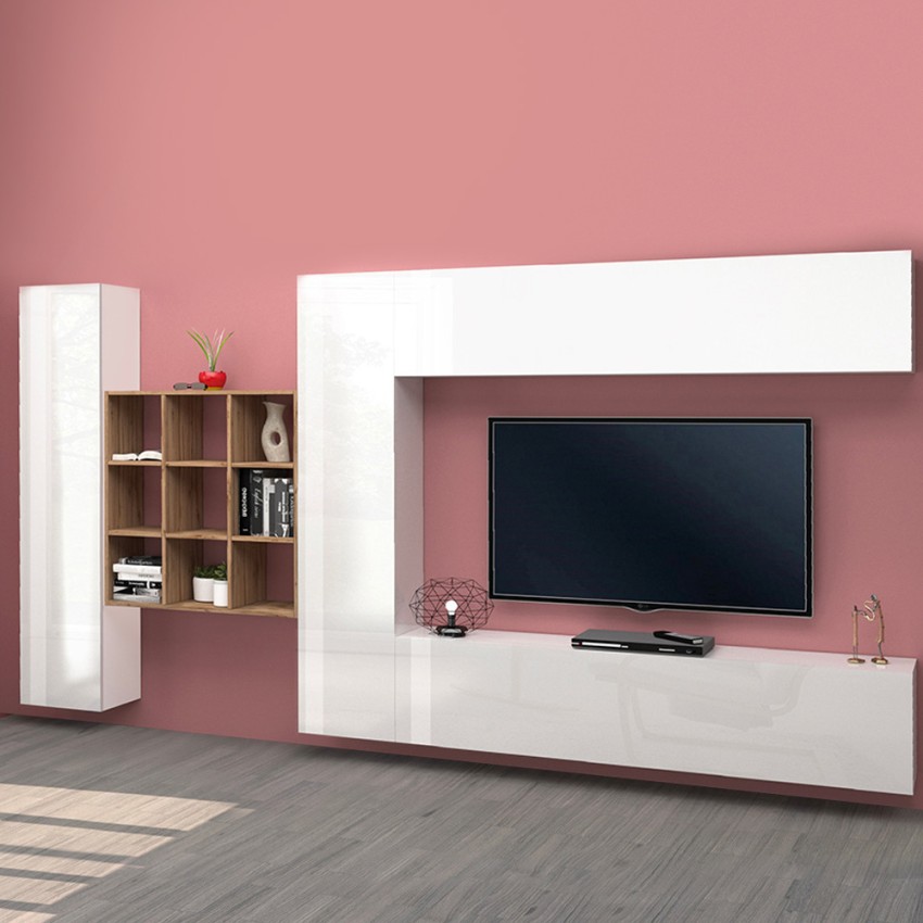 Wandmeubel zwevend TV-meubel wit boekenkast met 2 kasten Ferd WH Aanbieding
