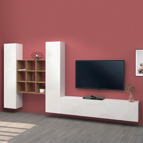 Zwevende witte TV-meubelwand met 2 kasten boekenplank Talka WH Aanbieding