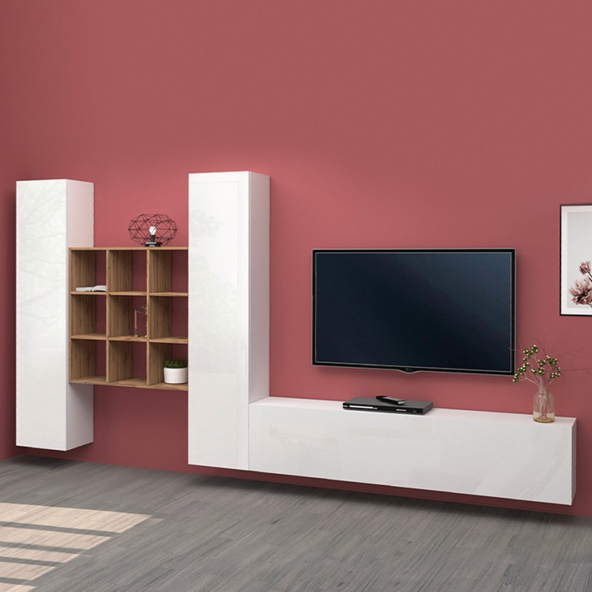 Zwevende witte TV-meubelwand met 2 kasten boekenplank Talka WH Aanbieding Zwevende witte TV-meubelwand met 2 kasten boekenplank Talka WH Aanbieding