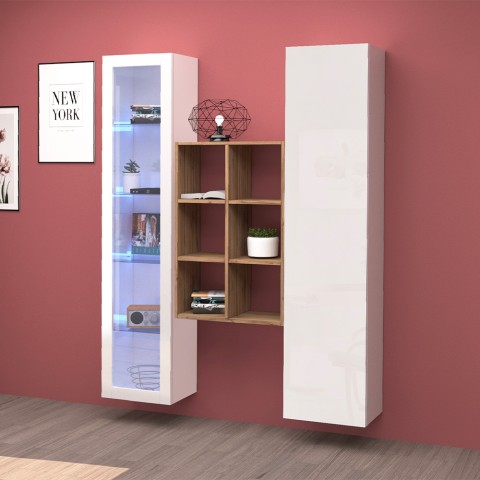 Witte woonkamerset met vitrine, boekenkast en kast Teret WH Aanbieding