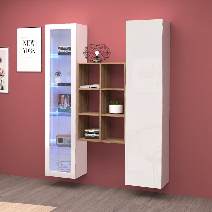Witte woonkamerset met vitrine, boekenkast en kast Teret WH Aanbieding Witte woonkamerset met vitrine, boekenkast en kast Teret WH Aanbieding