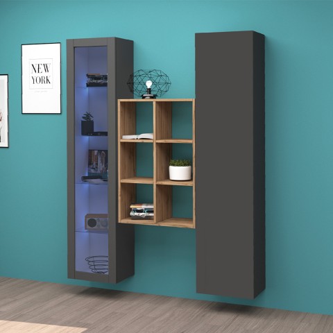 Moderne wandmeubel met vitrine, kast en boekenkast van hout Teret RT Aanbieding