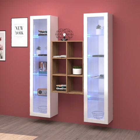 Wandmeubel woonkamer met 2 witte vitrines houten boekenkast Kesia WH Aanbieding