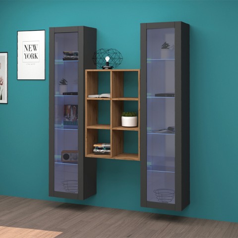 Grijze zwevende wandkast met houten boekenkast en 2 vitrines Kesia RT Aanbieding