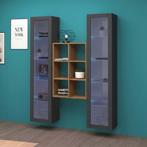 Kesia RT hangwandsysteem grijs houten boekenkast 2 vitrines Aanbieding