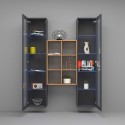 Grijze zwevende wandkast met houten boekenkast en 2 vitrines Kesia RT Kortingen