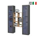 Grijze zwevende wandkast met houten boekenkast en 2 vitrines Kesia RT Verkoop