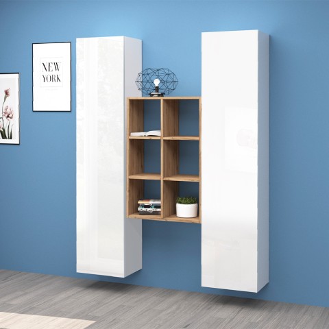 Witte zwevende wandmeubel 2 kasten boekenkast 6 planken Gemy WH Aanbieding