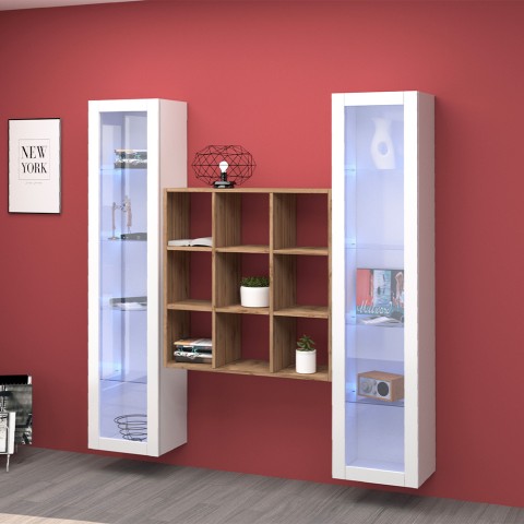 Zwevende wandkast boekenkast hout met 2 witte vitrines Vila WH Aanbieding
