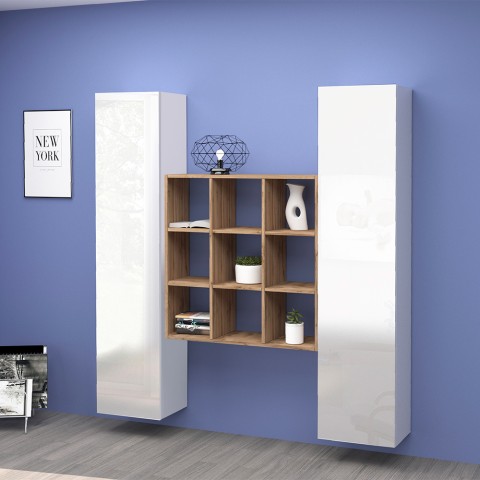 Wandmeubel wit zwevend 2 kasten boekenplank 9 legplanken Pella WH Aanbieding