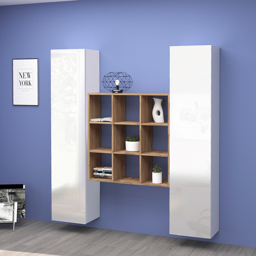 Wandmeubel wit zwevend 2 kasten boekenplank 9 legplanken Pella WH Aanbieding