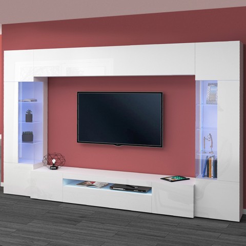 Witte woonkamerset met TV-meubel, 2 vitrinekasten en hangkast Sultan WH Aanbieding