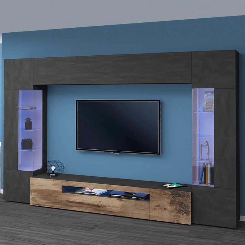 Moderne zwarte TV-wandmeubel hout met 2 vitrinekasten hangend Sultan AP Aanbieding Moderne zwarte TV-wandmeubel hout met 2 vitrinekasten hangend Sultan AP Aanbieding
