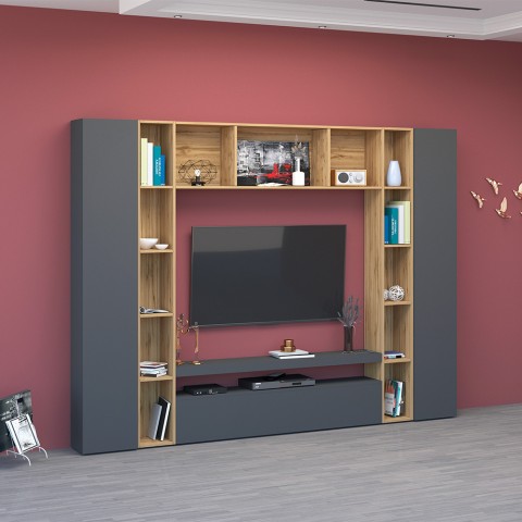 Moderne TV-standaard boekenkast opbergwand zwart hout Arkel AP Aanbieding