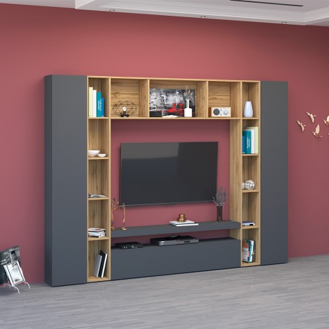 Moderne wandmeubel zwart hout TV-meubel boekenkast Arkel AP Aanbieding