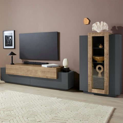 Moderne zwarte en houten wandmeubel met TV-meubel en vitrinekast Woud AP Aanbieding