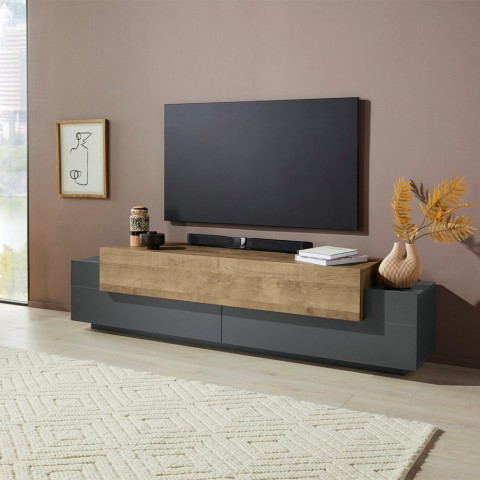 Modern TV-meubel zwart en hout 4 vakken 3 deuren 200cm Corona Low Cyt Aanbieding
