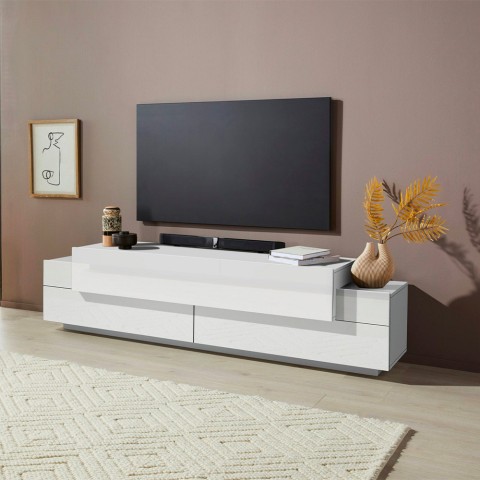 Witte TV-meubel 200cm met 4 open vakken en 3 deuren Corona Low Lacq Aanbieding