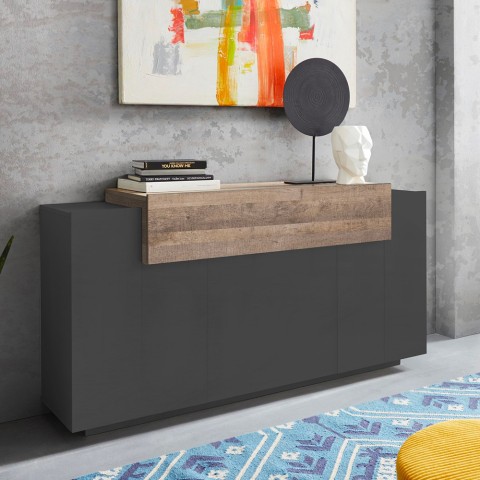 Moderne woonkamer dressoir met 3 vakken 160 cm zwart en hout Corona Side Hound Aanbieding