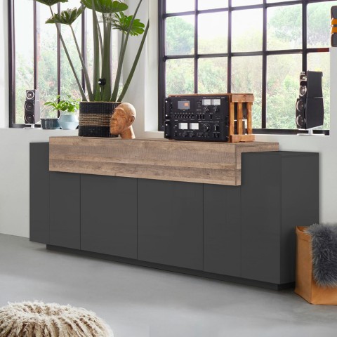 Zwarte en houten dressoir voor woonkamer, 200cm met 4 vakken, Corona Side Hound Aanbieding