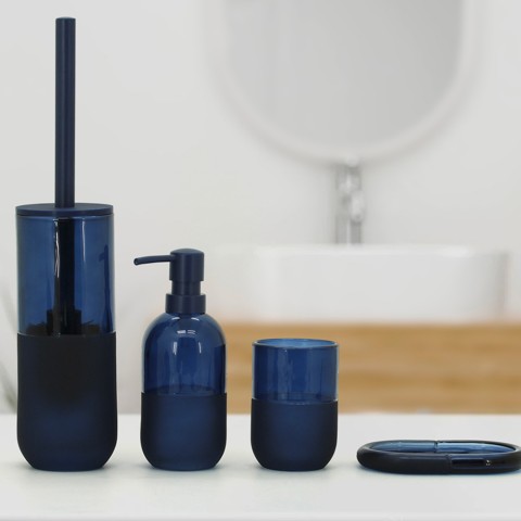 Badkameraccessoireset zeepbakje en tandenborstelhouder in blauwglas Midnight Aanbieding