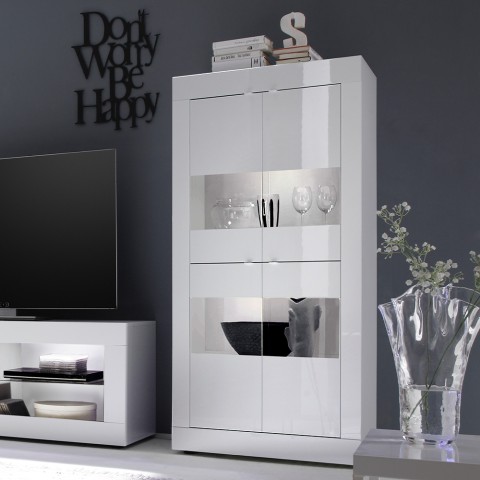 Moderne woonkamer vitrinekast 4 deuren in glanzend wit glas Tina Wh Basic Aanbieding