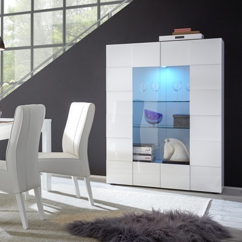 Moderne vitrinekast 2 deuren wit glanzend glas woonkamer 121x166cm Murano Wh Aanbieding