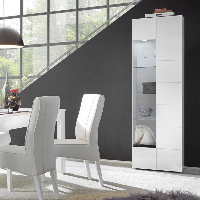 Moderne woonkamer vitrine 1 deur hoogglans wit met schaakpatroon Bee Wh Dama Aanbieding